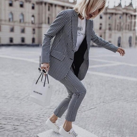 💕TIBI💕 Cut Ups Gingham Suiting Mens Blazer with Back Zip Black & White Print 4 - Picture 3 of 16